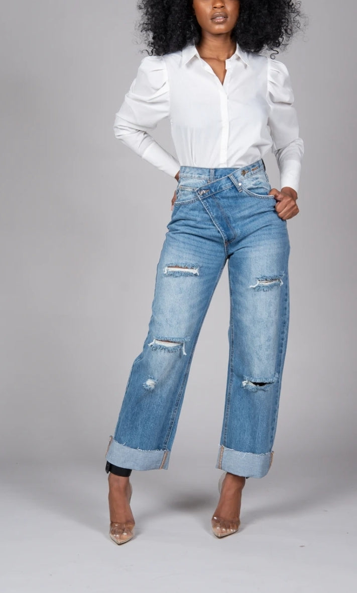 Hi Waist Crossover Jeans